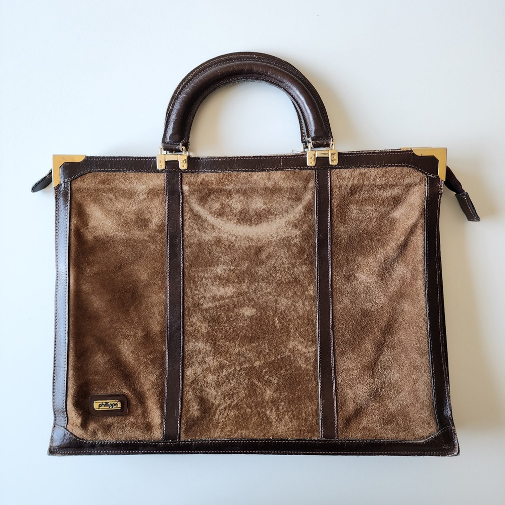 Phillippe Briefcase Satchel Bag Brown Faux Suede Leather Vintage 70s Attache